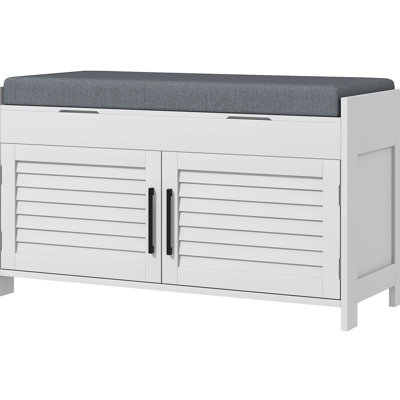 White Entryway Shoe Bench, Hidden Compartments, Cushion Seat, Adjustable Shelves, Shutter Doors, 352 Lbs Capacity For Bedroom Storage Cushioned