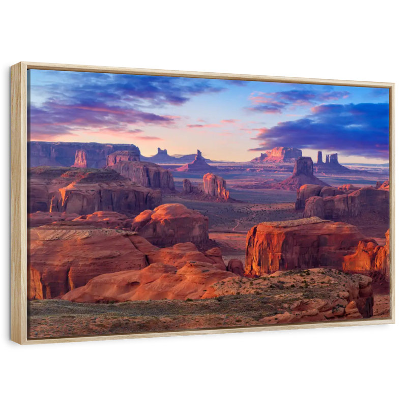 Hunts Mesa Monument Valley Sunset, Cadre flottant en bois naturel, 46 po x 31 po