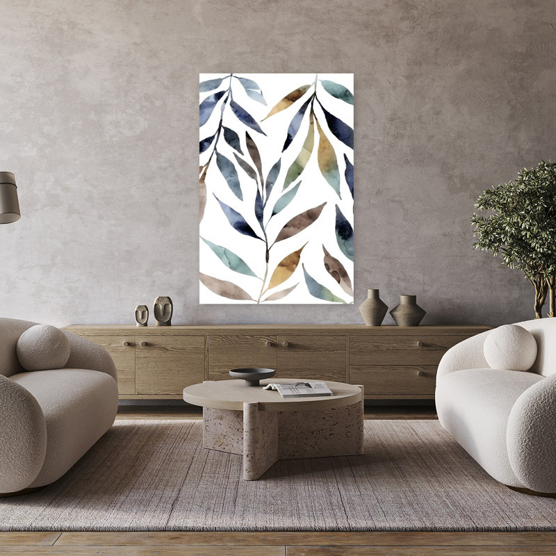 Aquarelle, feuilles, art mural abstrait contemporain, 48" H x 32" W