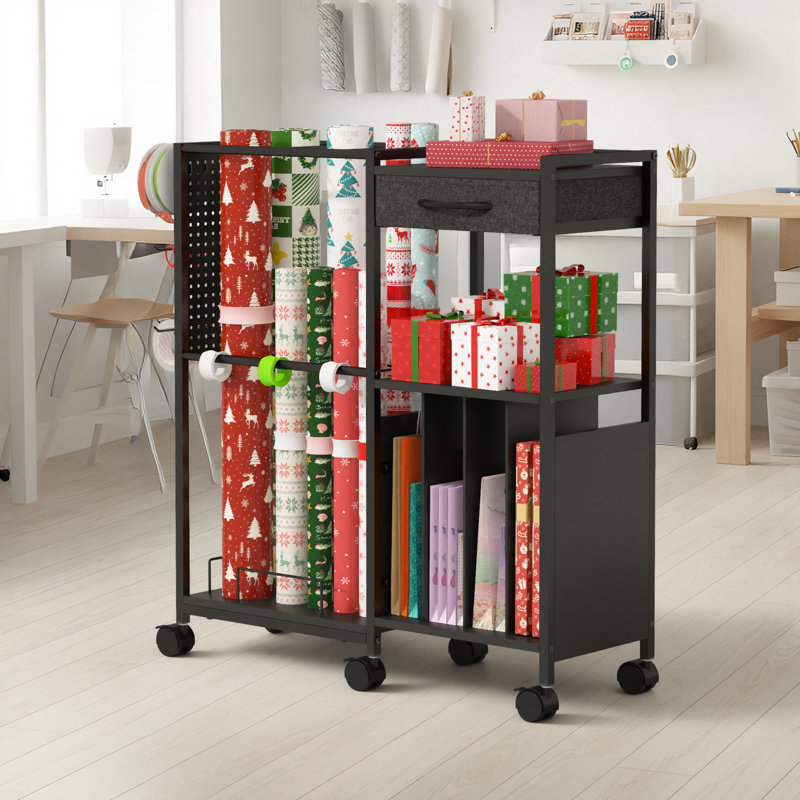 Wrapping Paper Storage Cart with 12PCS Slap Bands, Rolling Organizer with Drawer, Hooks & Brakes, Mobile Gift Wrapping Station for Paper, Bags and Ribbons