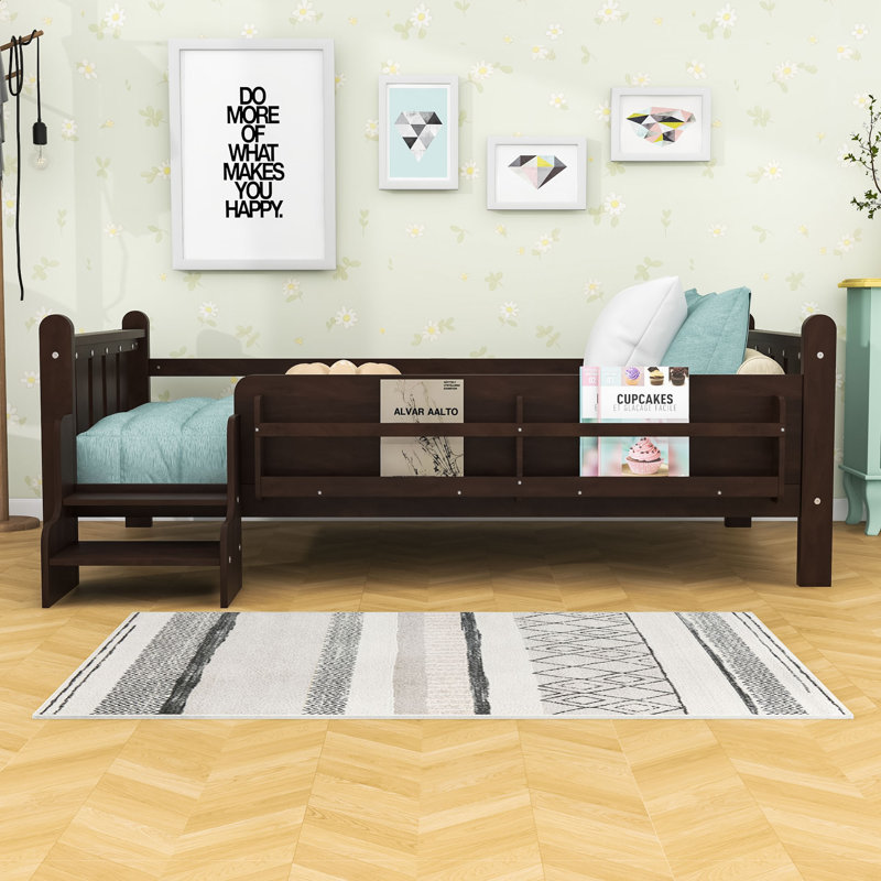 Floor Bed with Storage Bookcases and Guardrails, Twin, Espresso