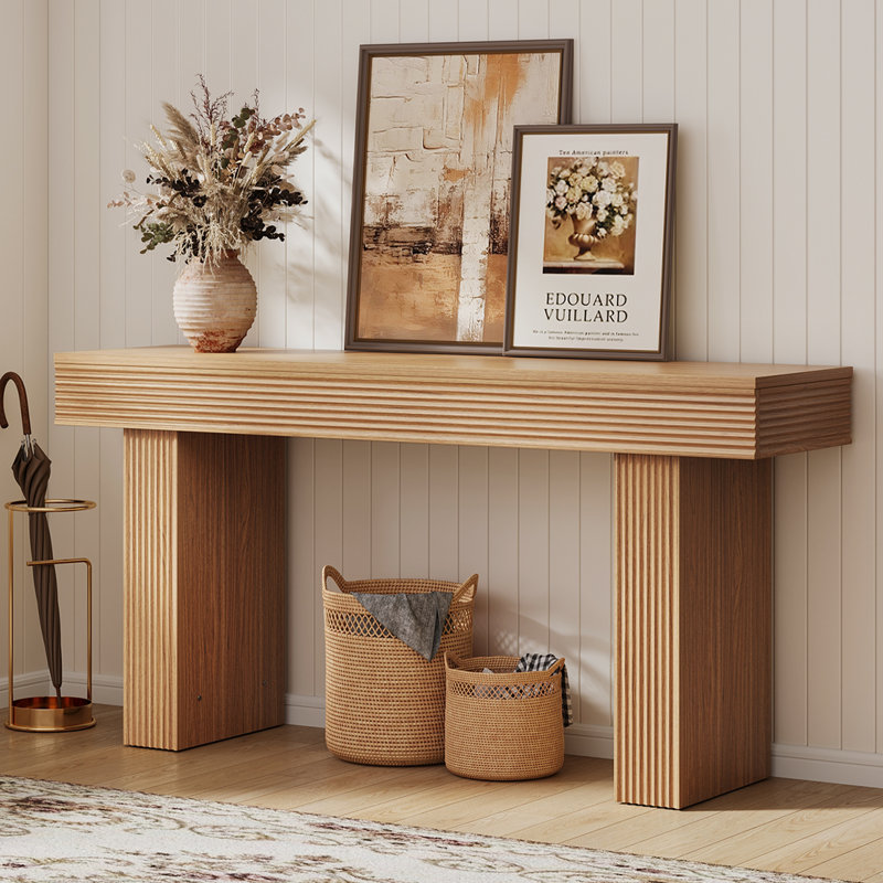Console cannelée de 63 po avec plateau de table épaissi, canapé de hall d'entrée moderne pour entrée, salon, couloir, Wood