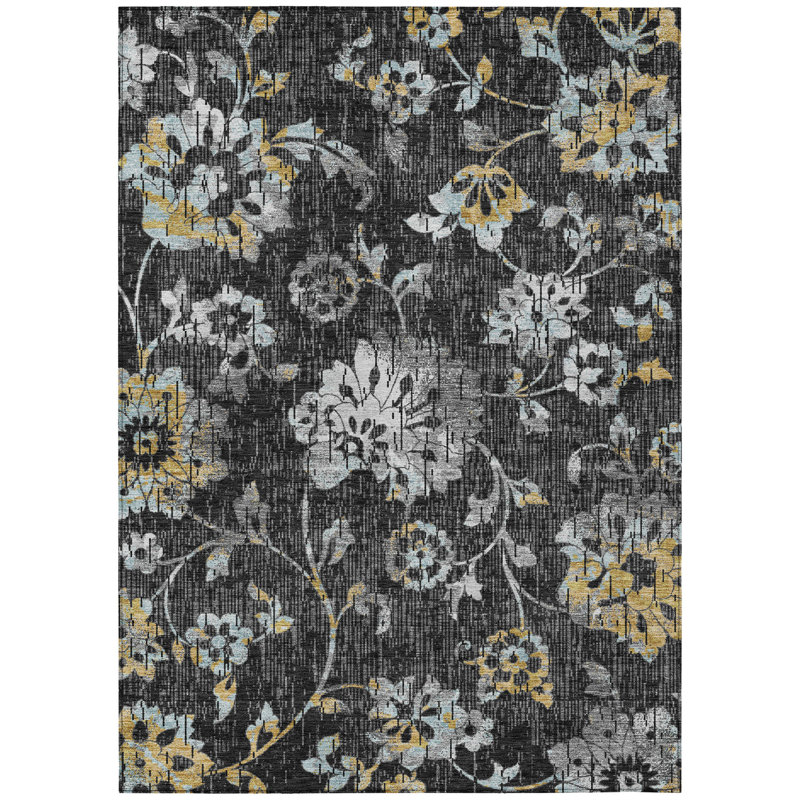 Machine Washable Indoor/Outdoor Chantille ACN2616 Floral Rug, 10' x 14', Black