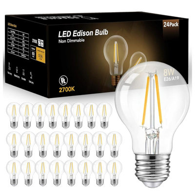 Ampoules à filament A19 rétro à DEL, 8 W équivalentes à 100 watts, 760 lumens 2700K, ampoules Edison en verre transparent blanc à intensité variable, culot moyen E26, ampoules décoratives 120 V, paquet de 24