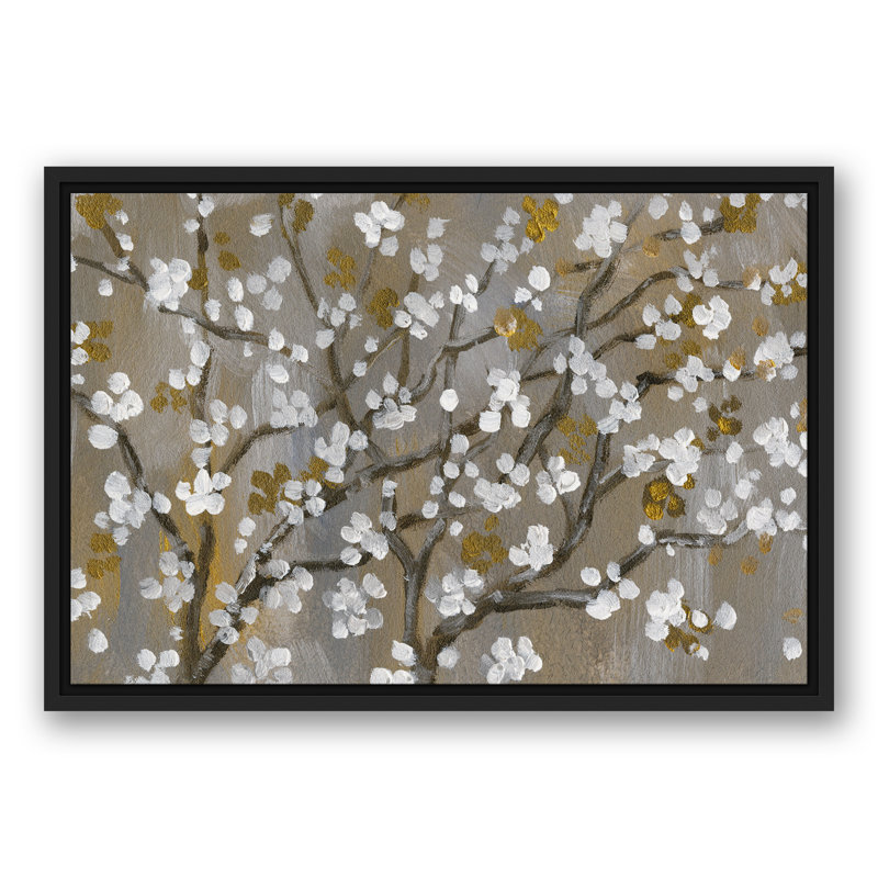 Fleurs de cerisier blanches sur toile, H 17,75 po x l 25,75 po x P 1,75 po, Cadre flottant noir