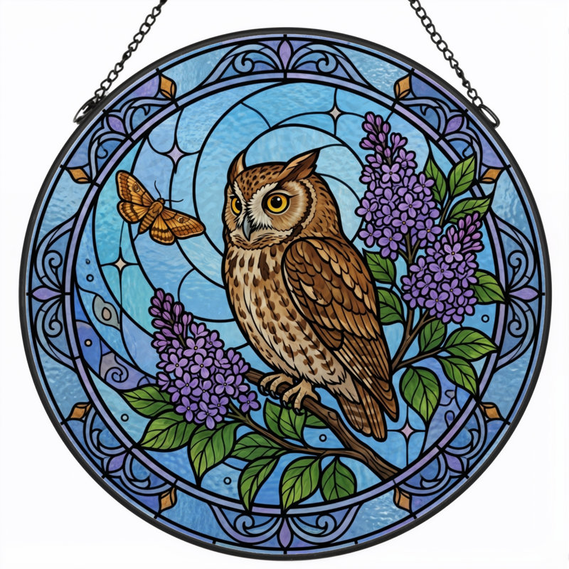 Panneau de vitrail hibou lilas ， 7,8H, H 7,8 po