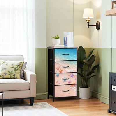 Commode 4 tiroirs pour chambre à coucher, commode étroite, plateau en bois et structure en fer 18 po x 37,5 po - (l x H) - avec plage pastel, coquillages, étoile de mer, impression de vagues