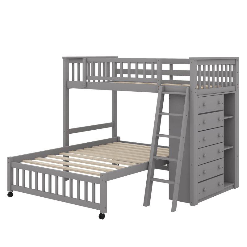 Lit superposé simple au-dessus de double en bois avec tiroirs et tablettes flexibles, lit inférieur avec roulettes, Gris