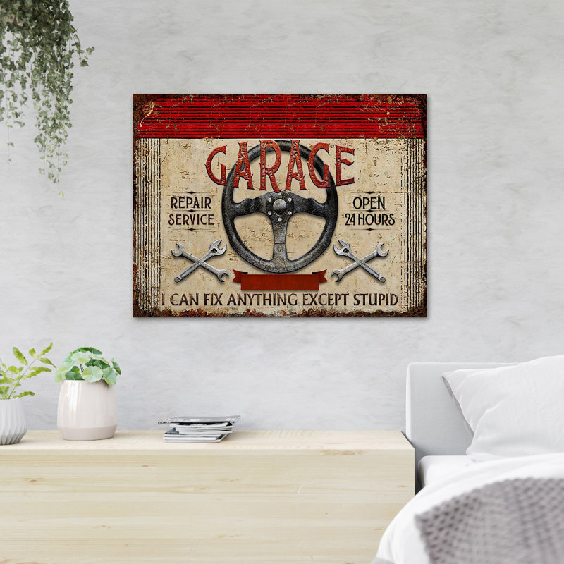 Garage On Volant And Wrenches - Garage Repair Service Open 24 Hours I Can Fix Anything Except Stupid - 1 Piece Rectangle Graphic Art Print On Wrapped Canvas
