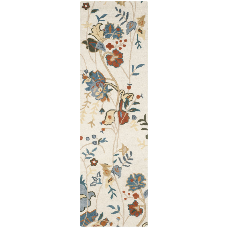 Tapis bleu en laine / coton / latex touffeté à la main Skelmersdale, Tapis de couloir 2 pi 3 po x 8 pi