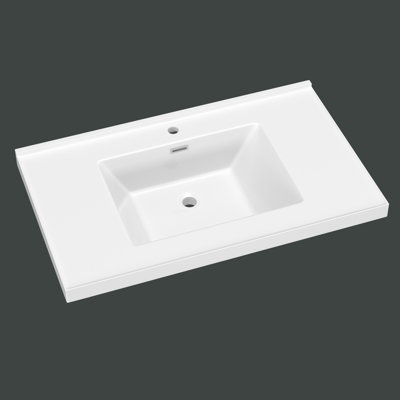 36'' W X 22'' D Solid Surface Bathroom Vanity Top Rectangular Vanity Basin Sink Countertop with Pre-drilled Faucet Hole in White
