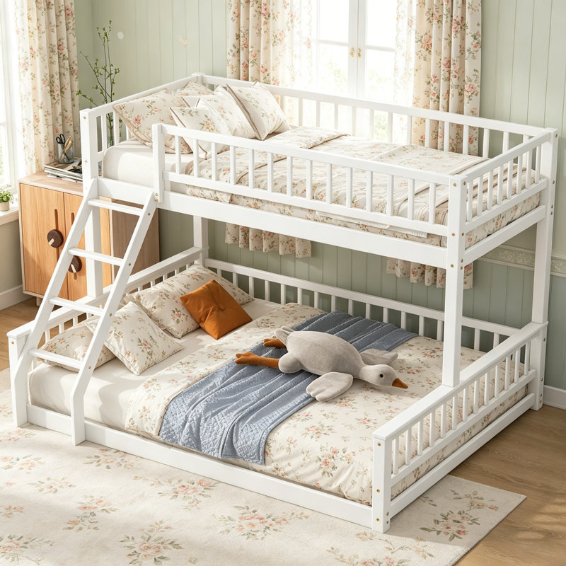 Lit simple superposé au-dessus de grand lit simple avec échelle et garde-corps, blanc, conception compacte et polyvalente pour les chambres modernes