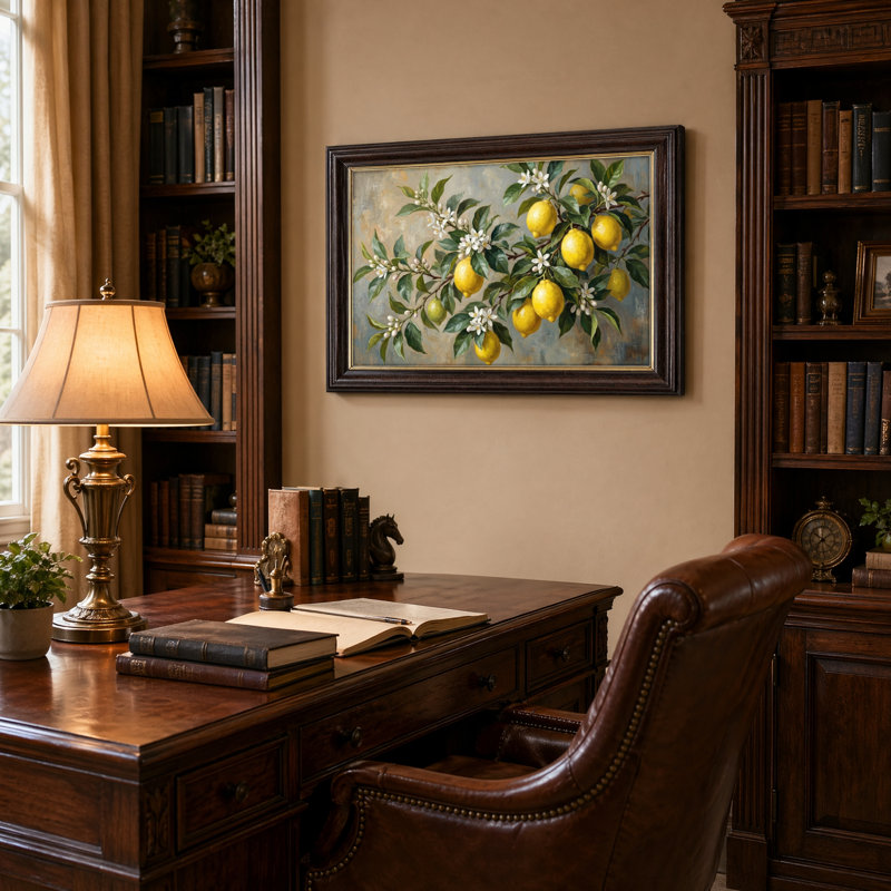 Art mural antique sur toile encadré doré pour le salon, la chambre à coucher, le bureau ou le vestibule - Décoration murale décorative avec fleur de citron