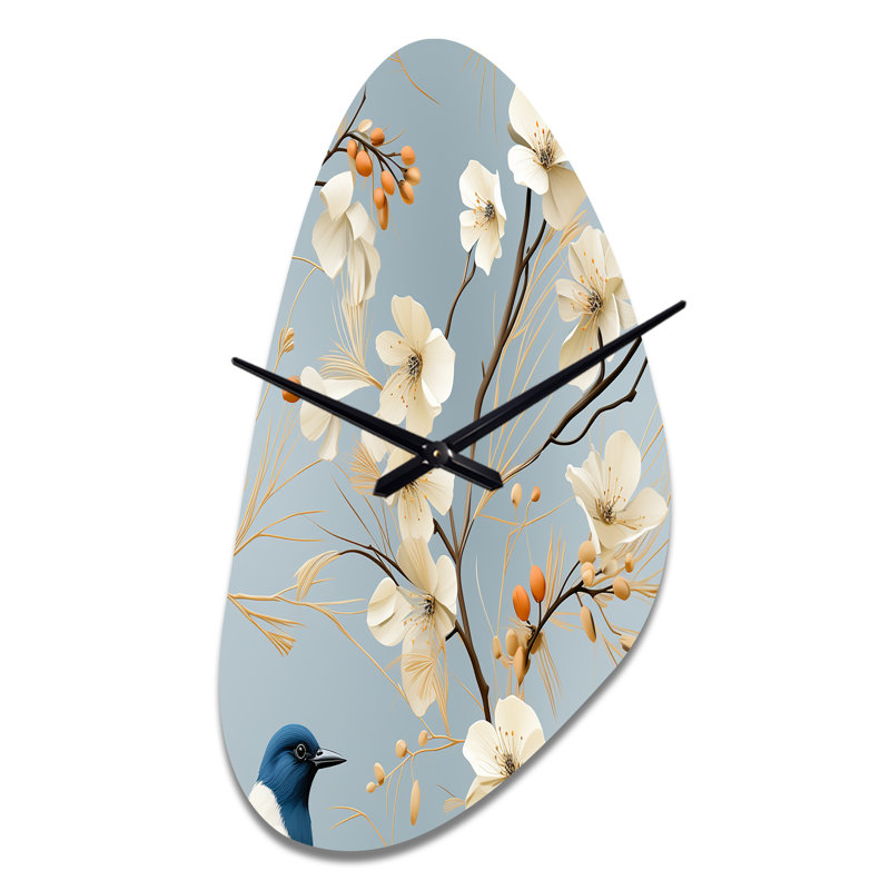 Oiseau paradis minimaliste bleu et blanc - horloge florale asymétrique en métal, horloge murale de forme irrégulière, Grand