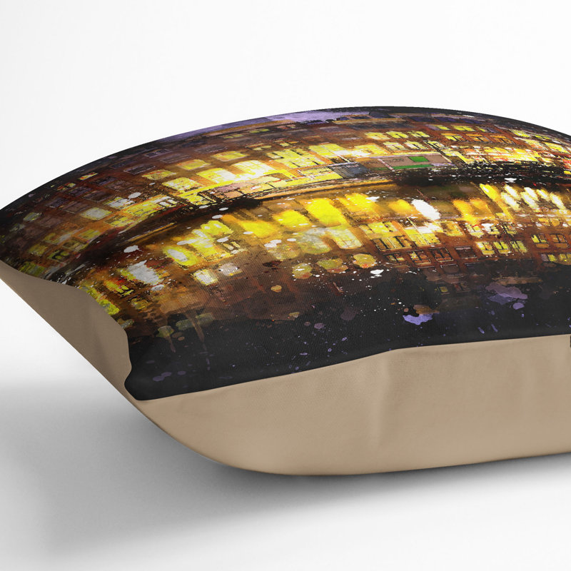 Amsterdam at Night Paint Splash Cushion with Filling, 40cm H x 40cm W x 15cm D, Stone