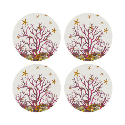 Coral Reef White Pink Vegan Leather Round Coasters