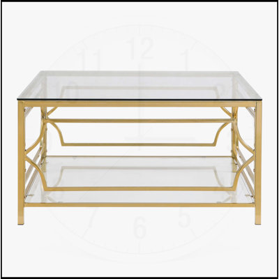 Table basse carrée en verre avec cadre luxueux en métal géométrique, finition dorée et tablette inférieure pour les intérieurs modernes