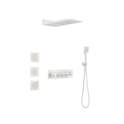 Waterfall Rain Shower System with 3 Body Sprays and Handheld Shower - Brass Wall Mounted Shower Fixture in White