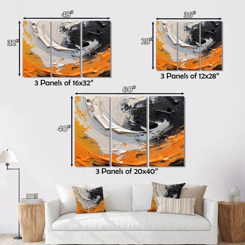 «Orange and Black Mystic Spirals II», 3 impressions sur toile tendue, H 28 po x l 36 po x P 1 po