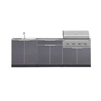 Ensemble de cuisine extérieure en aluminium gris ardoise, 5 pièces, comprenant un bar, un barbecue, un meuble-évier, un barbecue haute performance au propane de 91 cm et un comptoir en acier inoxydable de 81 cm.