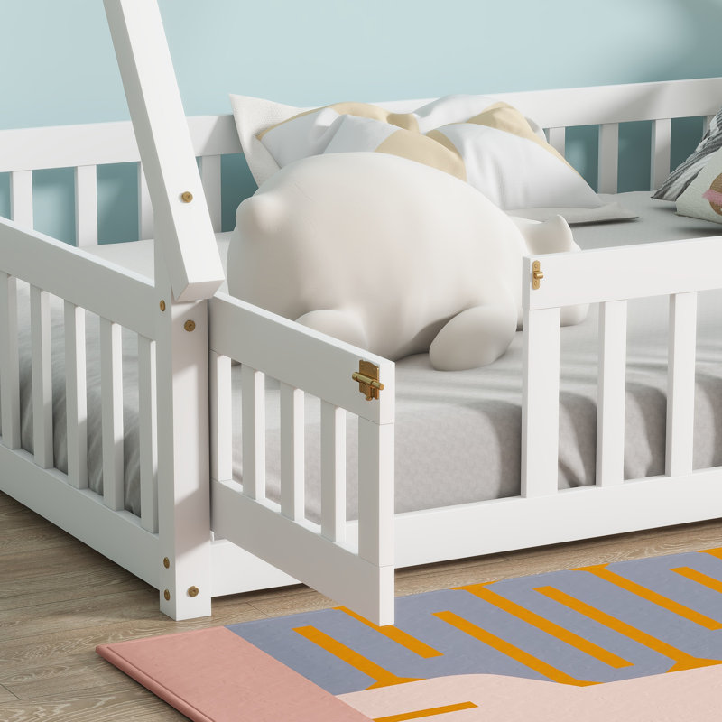 Full Size Rubber Wood Tent-shaped Floor Bed,with Guardrails,Slats and Door, White
