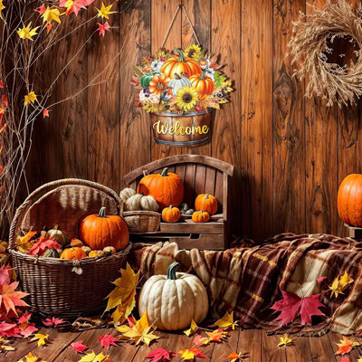 Couronnes de bienvenue automnales pour porte d'entrée, ornement de porte en bois « Hello Fall » avec citrouille et motif Thanksgiving, décorations de porche et de maison à suspendre dans des pots Mason en bois décorés de feuilles d'érable et de fleurs, idéales pour les récoltes d'automne.