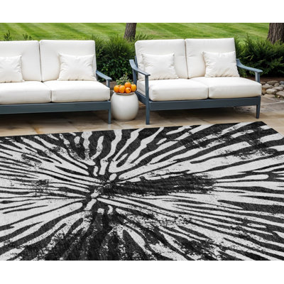 Tapis extérieur lavable abstrait gris anthracite et ivoire 8 pi x 10 pi
