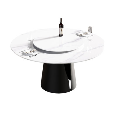 Table de salle à manger ronde de 58,63 po avec surface en pierre frittée blanche et base ferme - pouvant accueillir 6 plateaux de table rotatifs 31,5 po, base robuste, rotatif