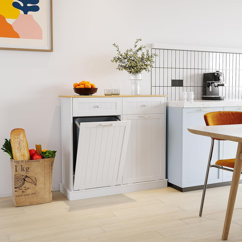 Armoire à double poubelle basculante double - Support de poubelle de cuisine autoportante 20 gallons avec 2 tiroirs cachés et planche à découper, armoire de recyclage résistante aux animaux de compagnie et panier à linge blanc
