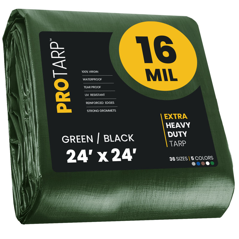 Bâche en polyéthylène robuste de 16 mil, imperméable et résistante aux rayons UV, Vert/noir, 24 pi x 24 pi
