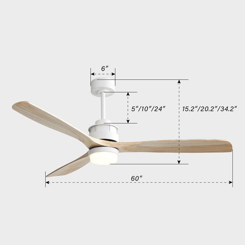 Ventilateur de plafond moderne de 60 pouces avec télécommande légère, 3 pales en bois massif, convient pour l'intérieur et l'extérieur