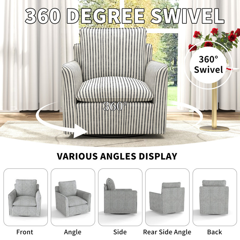 Romines 29.7" W Modern Soft Stripe Upholstered Swivel Barrel Chair with Removable Cushion, Blue Polyester