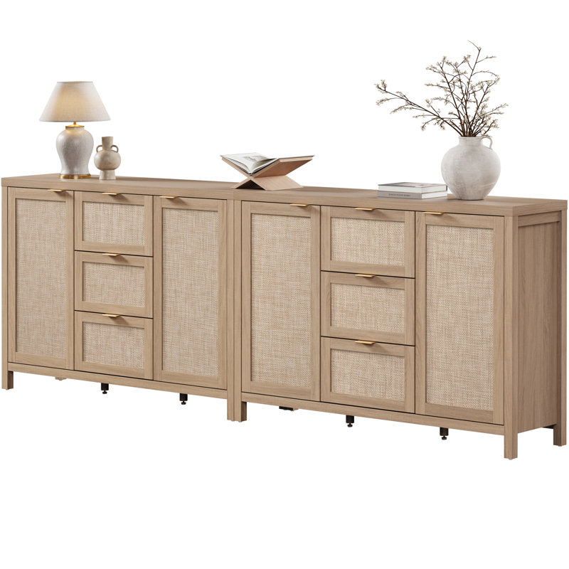 51.57'' W 3-Drawer And 2-Door Rattan Sideboard With Adjustable Shelves, Light Oak