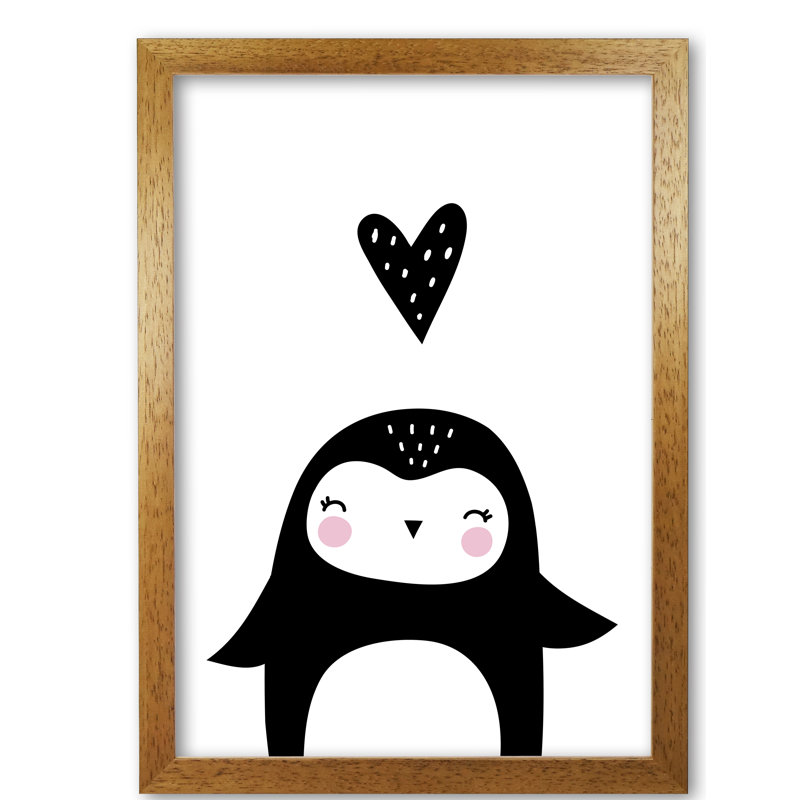 Penguin And Heart - Print, 85 cm H x 60 cm W x 5 cm D, Honey Oak Frame