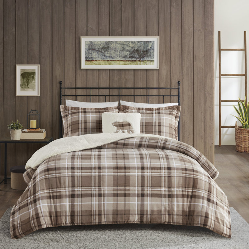 Ensemble d'édredon ultra-doux Alton, Édredon très grande taille, 2 taies et 2 coussin, Tissu écossais brun clair