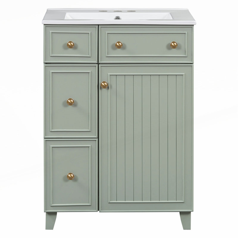 Meuble-lavabo compact avec lavabo en céramique, 2 tiroirs et 1 porte à fermeture en douceur pour un rangement et un style efficaces