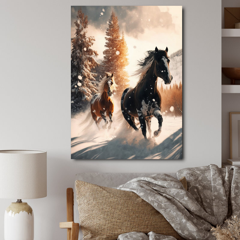 Scène hivernale de chevaux sauvages au galop I, H 44 po x l 34 po x P 1,5 po, Toile tendue