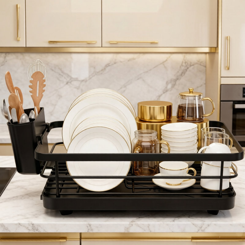 Dish Drying Rack Compact with Utensil Holder and Adjustable Water Outlet, Rust Proof Scratch Resistant Drying Rack for Kitchen
