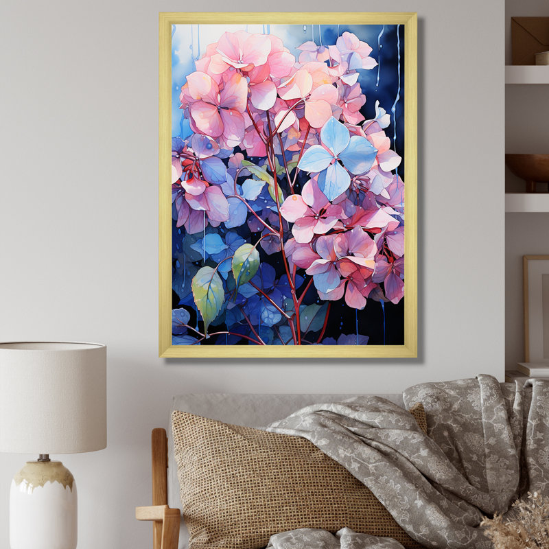 Hortensias bleus et mauves I, Encadrement doré, H 40 po x l 30 po x P 1,5 po