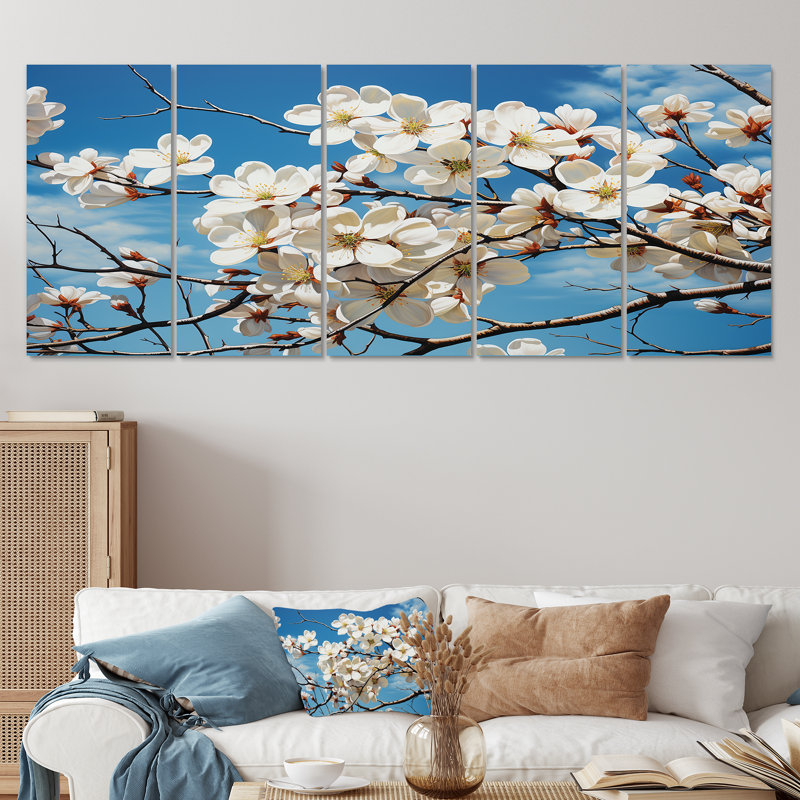 Ensemble de 5 décorations murales tranquilles cornouiller blanc II - cornouiller, H 32 po x l 80 po