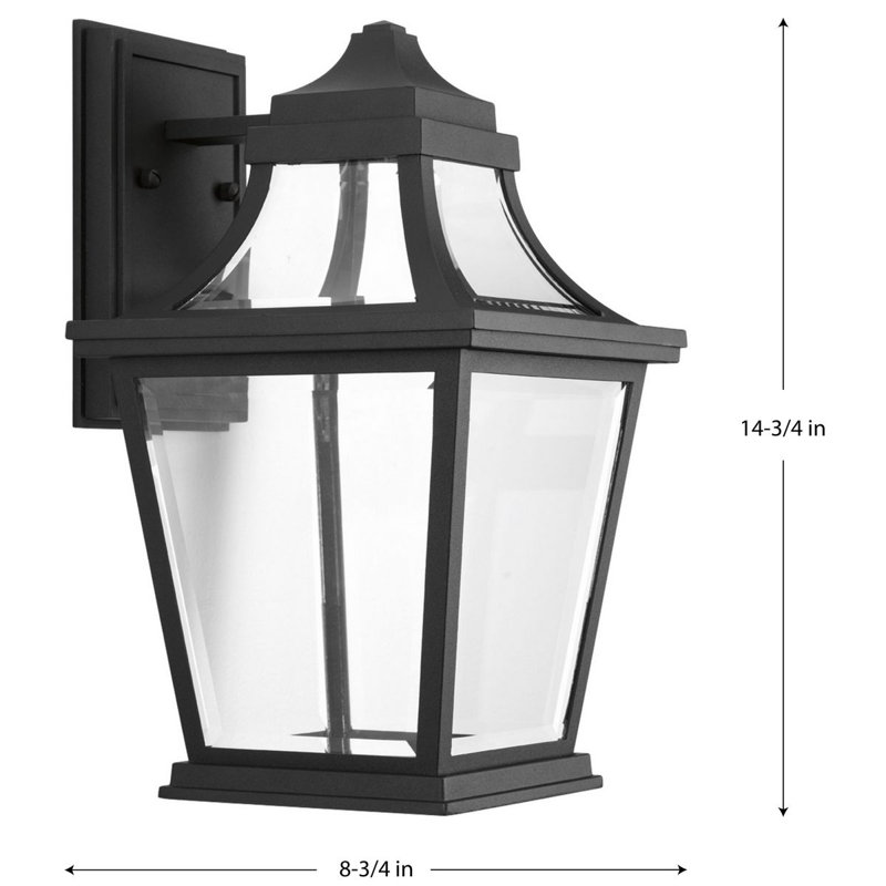Illustration de lanterne murale d'extérieur noire, H 14,75 po x l 8,75 po x P 9,75 po