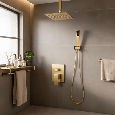 Ensemble de système de douche au plafond en laiton doré 10 pouces avec pomme de douche à main