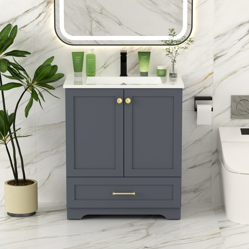Meuble-lavabo moderne 30 po avec plateau en résine et lavabo, sans robinet, Gris, Doré, L 30 po