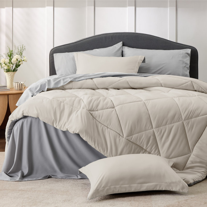 Ensemble d'édredon réversible Best vendeur, Beige, Édredon de très grande taille et 6 pièces suppl