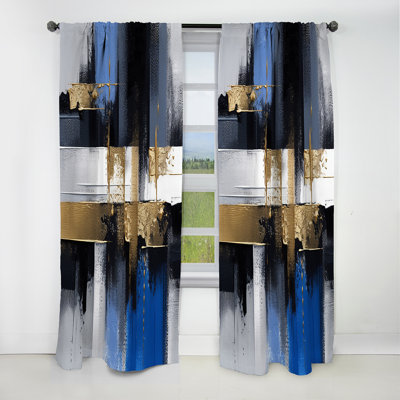 Panneau de rideau abstrait, peinture occultante et collage occultant - peinture dorée et bleue Elegance III