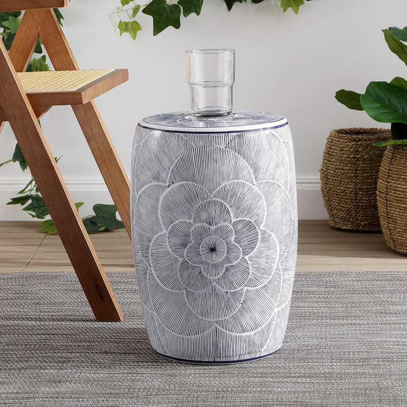 Camellia 17" Traditional Blue Floral Chinoiserie Ceramic Drum Garden Stool, Pierced Indoor/Outdoor Patio Seat & Side Table