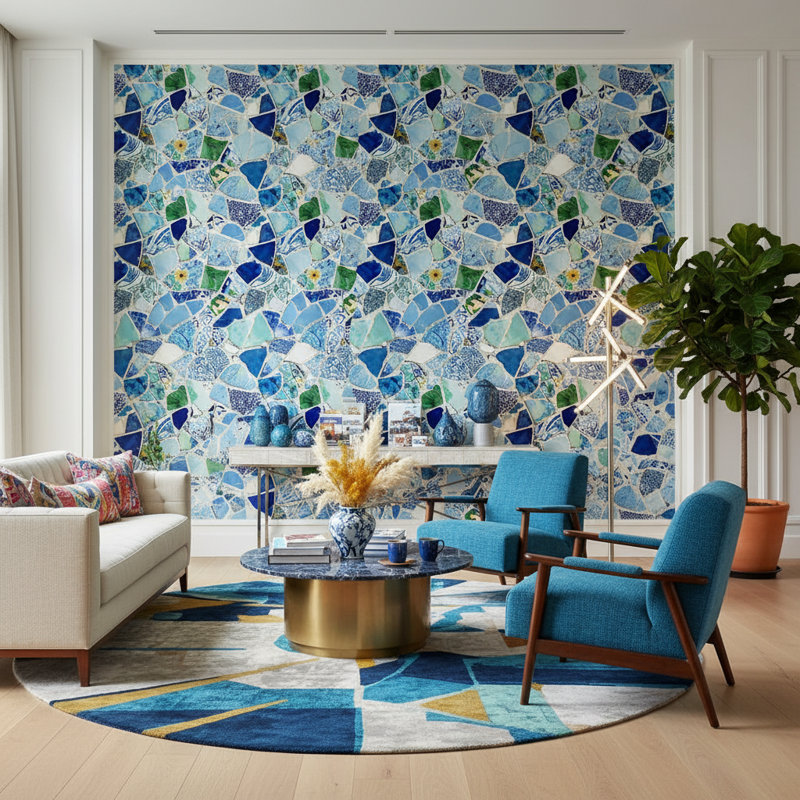 Papier peint double mosaïque bleu