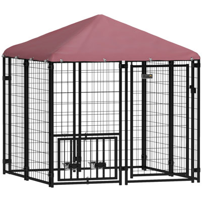Outdoor Dog Kennel, Welded Wire Dog Run with 360° Rotating & 4 Levels Adjustable Bowls, Waterproof & UV Resistant Cover