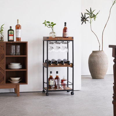 Mahisha Wine Rack Mini Bar Liquor Cabinet - Small Bar Table For Liquor Whiskey Wine With Movable Wheels, 3-Tier Wine Rack Freestanding Floor With Wood