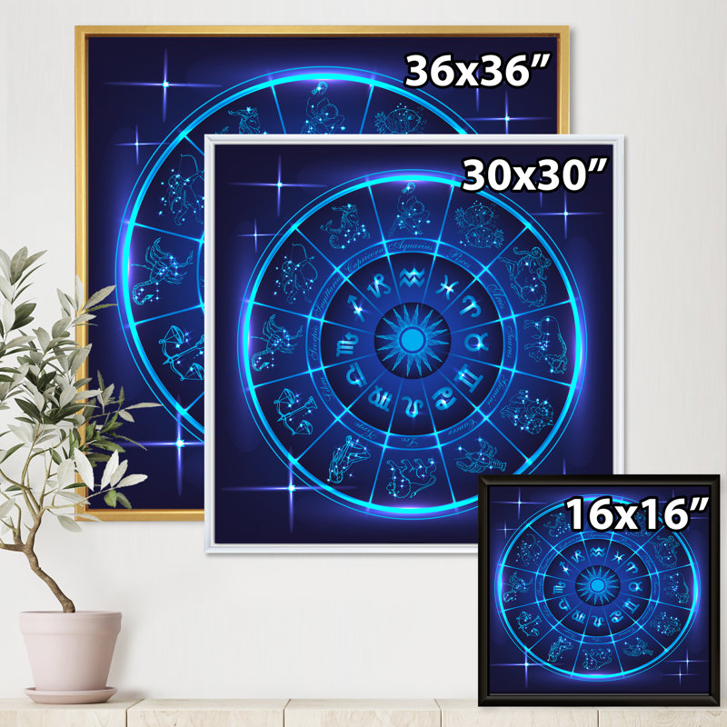 Horoscope néon bleu profond avec signes du zodiaque - impression sur toile, H 30 po x l 30 po x P 1 po, Cadre flottant doré